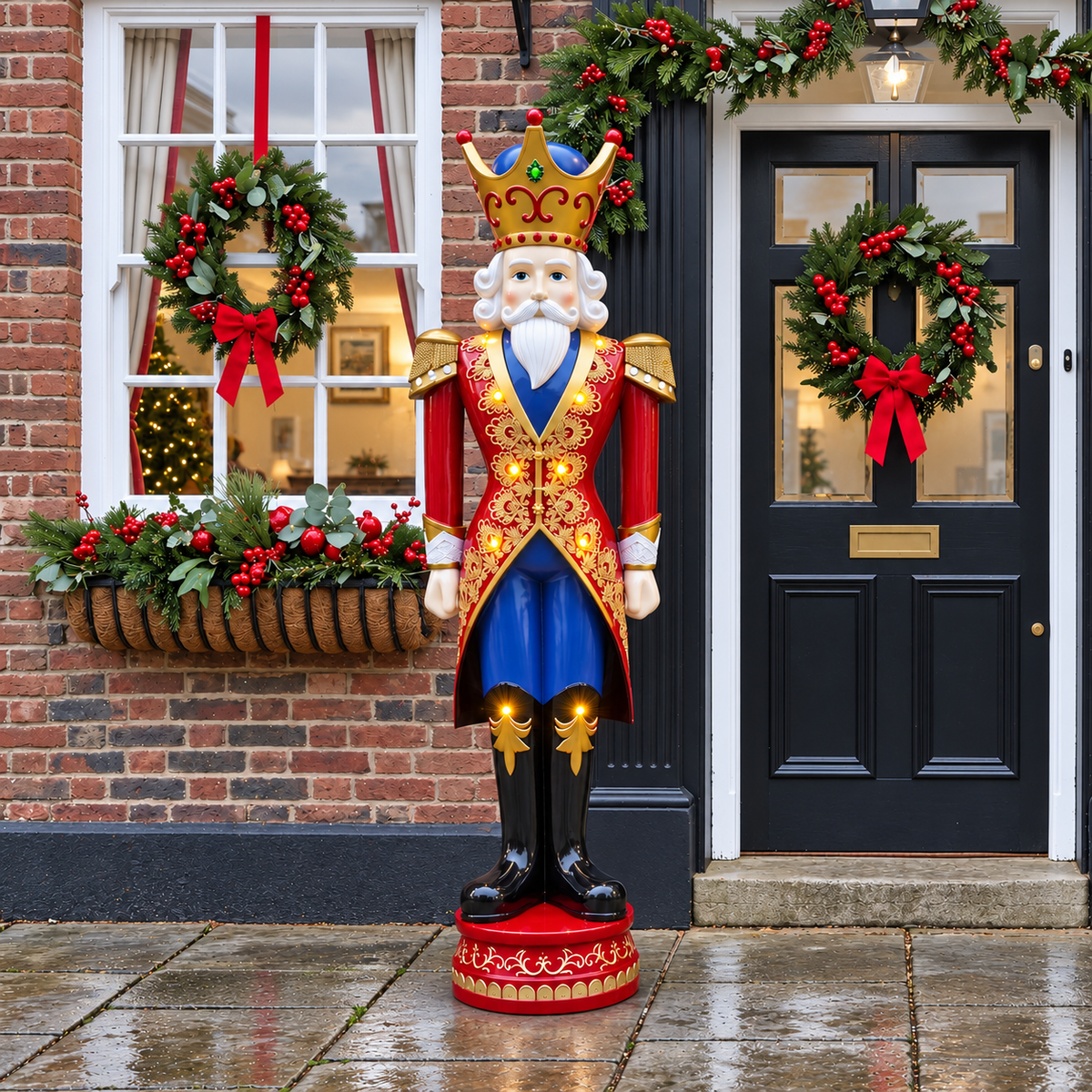 6ft Extra Large Traditional Christmas Nutcracker King - Red, Blue and Cream with LED Lights