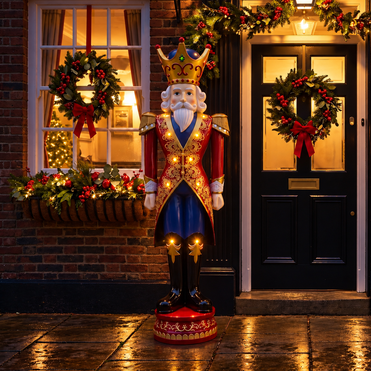 6ft Extra Large Traditional Christmas Nutcracker King - Red, Blue and Cream with LED Lights
