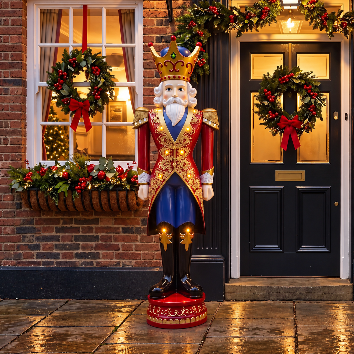 6ft Extra Large Traditional Christmas Nutcracker King - Red, Blue and Cream with LED Lights