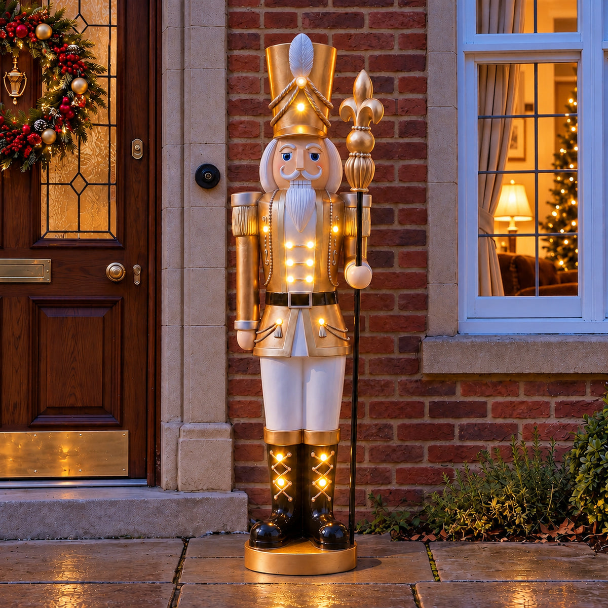 5ft Large Traditional Christmas Nutcracker Soldier Champagne Gold and White with LED Lights