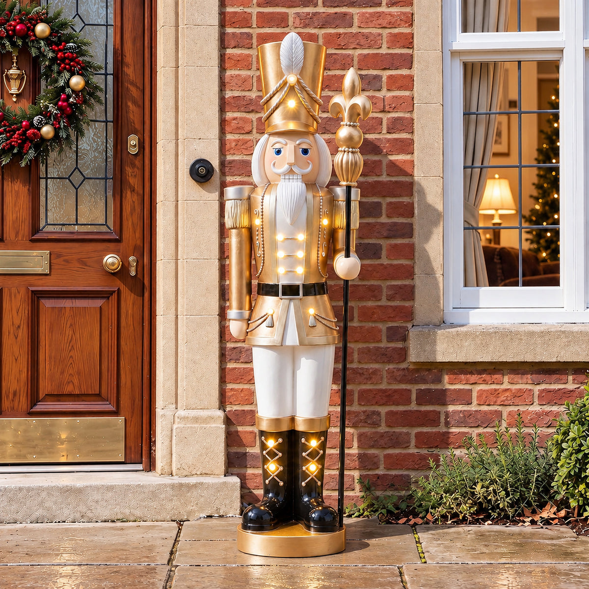 5ft Large Traditional Christmas Nutcracker Soldier Champagne Gold and White with LED Lights