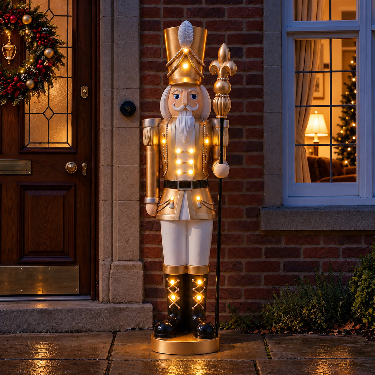 5ft Large Traditional Christmas Nutcracker Soldier Champagne Gold and White with LED Lights