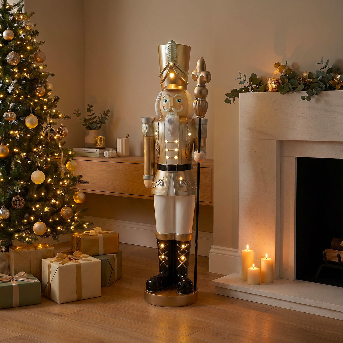 5ft Large Traditional Christmas Nutcracker Soldier Champagne Gold and White with LED Lights