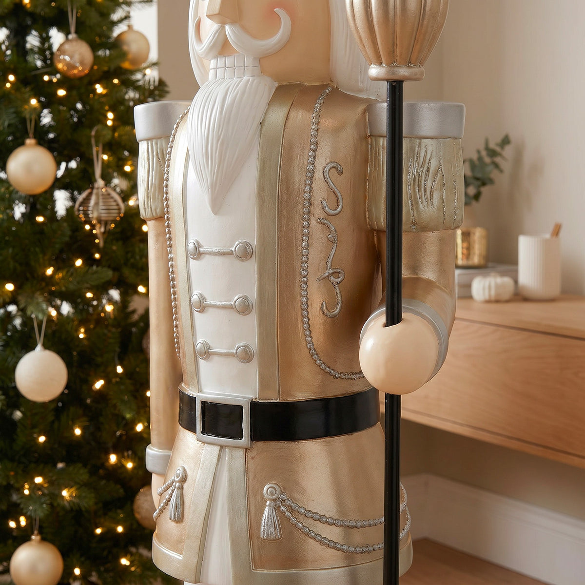 5ft Large Traditional Christmas Nutcracker Soldier Champagne Gold and White with LED Lights