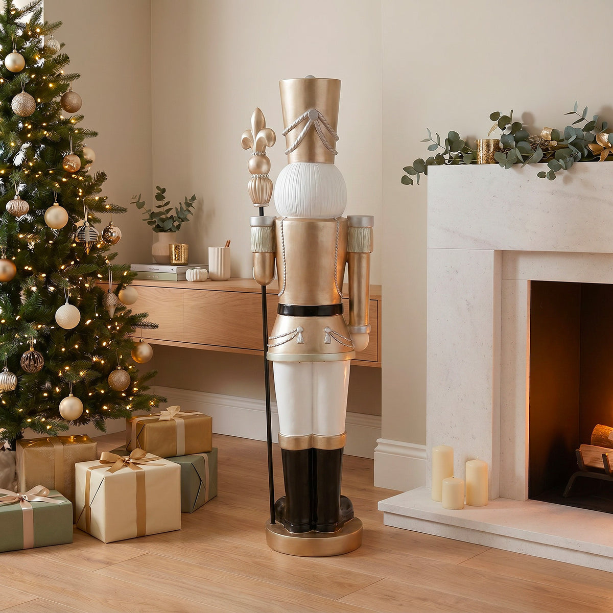 5ft Large Traditional Christmas Nutcracker Soldier Champagne Gold and White with LED Lights