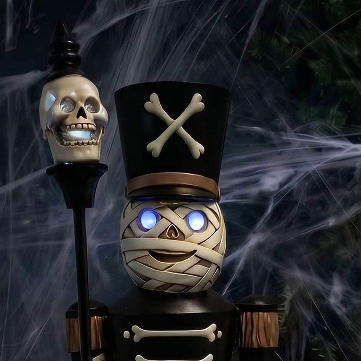 4ft Halloween Mummy Nutcracker with Skull Staff and Multicoloured LED Lights