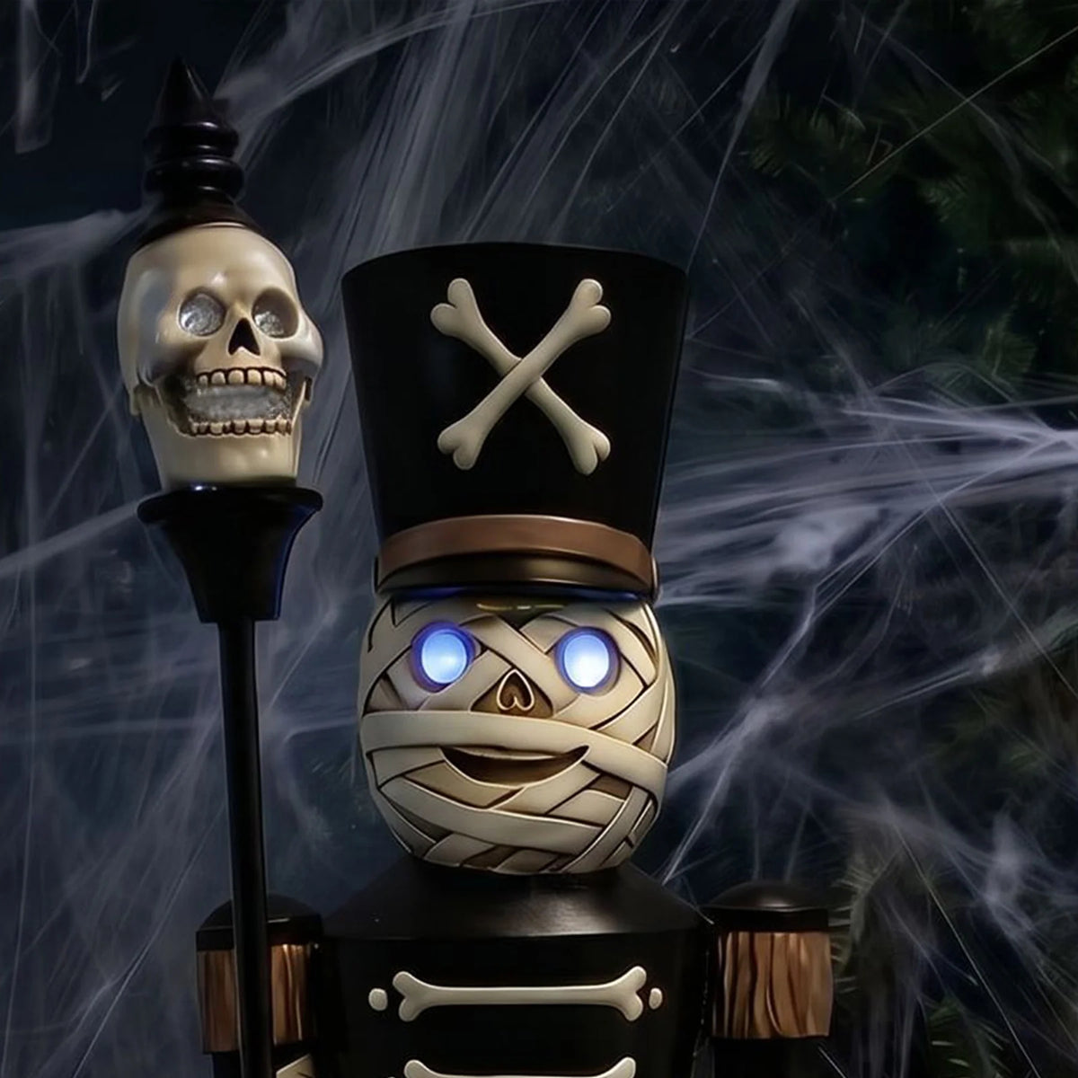 4ft Halloween Mummy Nutcracker with Skull Staff and Multicoloured LED Lights