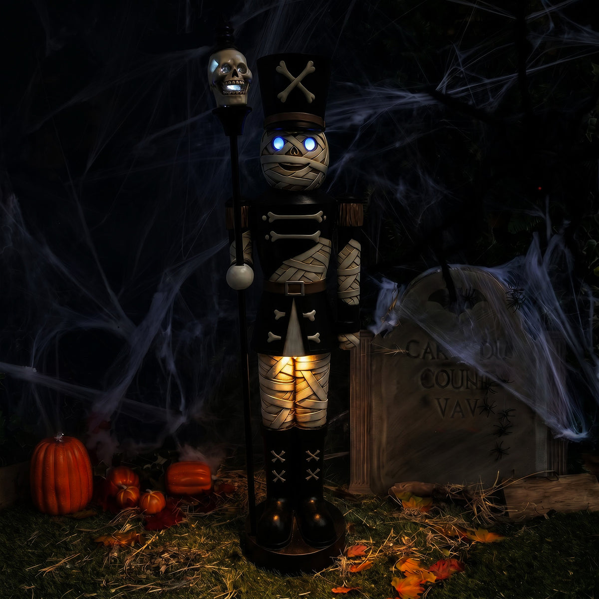 4ft Halloween Mummy Nutcracker with Skull Staff and Multicoloured LED Lights