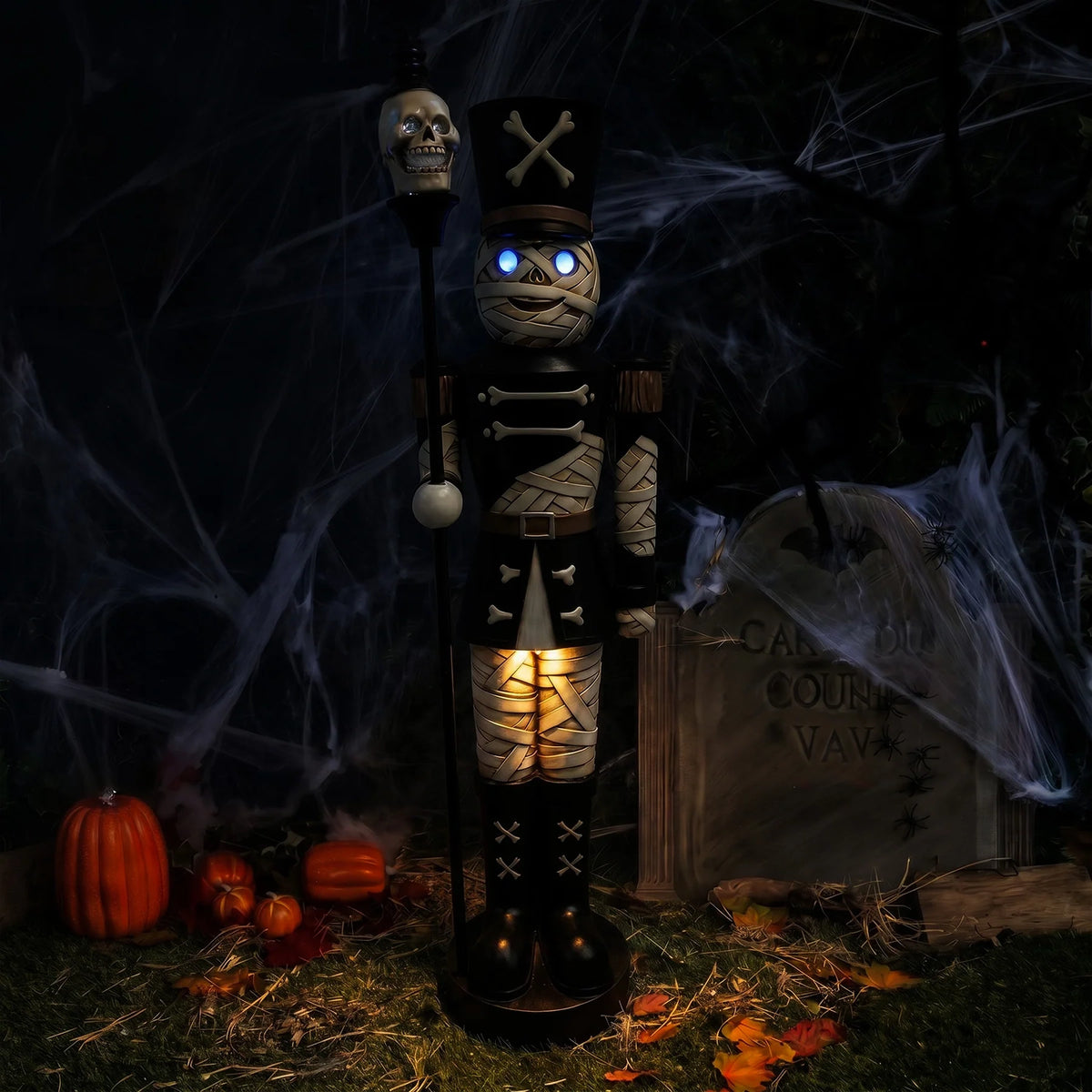 4ft Halloween Mummy Nutcracker with Skull Staff and Multicoloured LED Lights