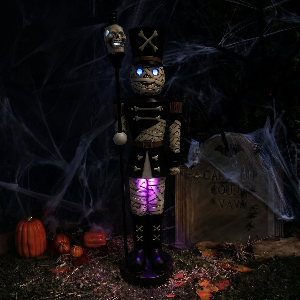 4ft Halloween Mummy Nutcracker with Skull Staff and Multicoloured LED Lights
