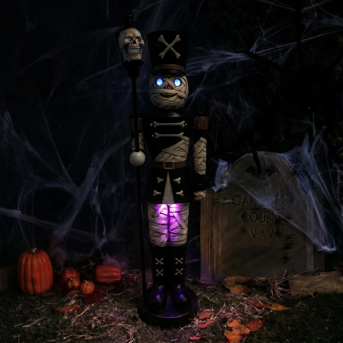 4ft Halloween Mummy Nutcracker with Skull Staff and Multicoloured LED Lights