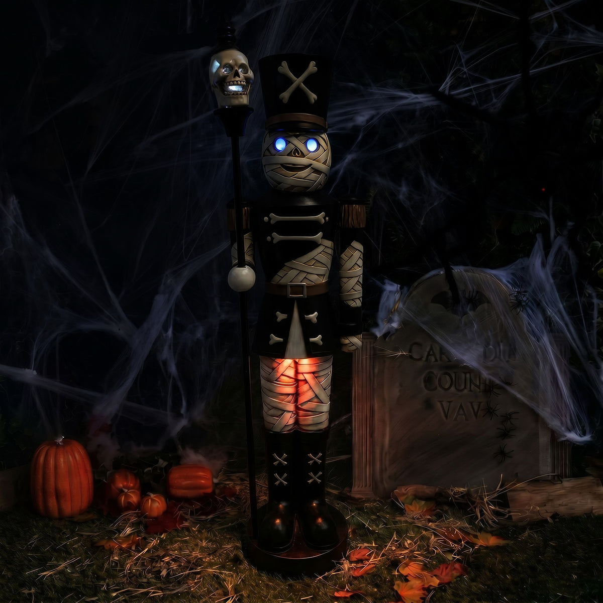 4ft Halloween Mummy Nutcracker with Skull Staff and Multicoloured LED Lights