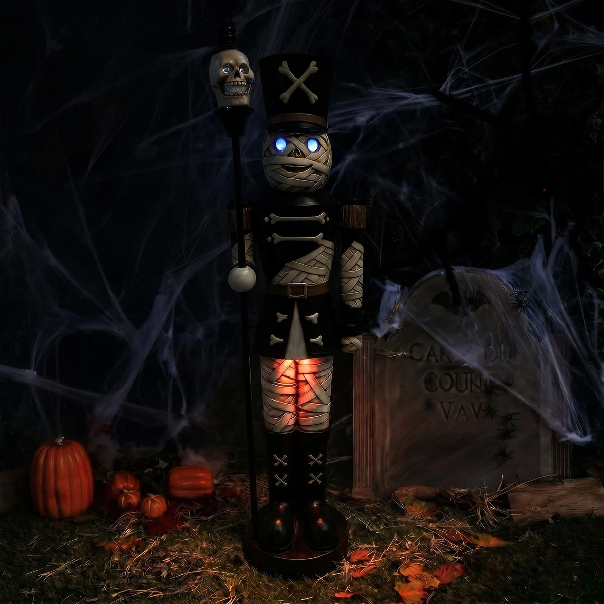 4ft Halloween Mummy Nutcracker with Skull Staff and Multicoloured LED Lights