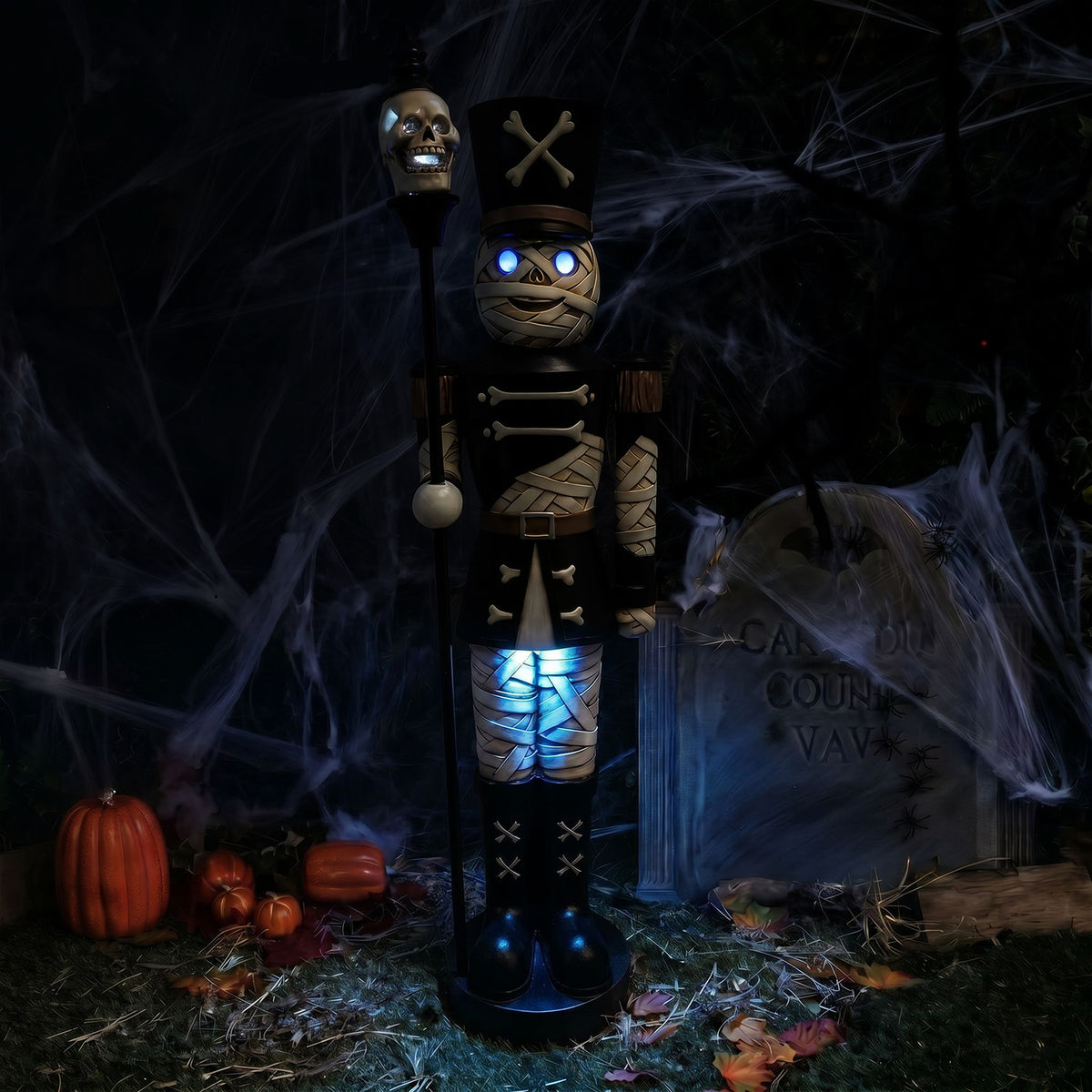 4ft Halloween Mummy Nutcracker with Skull Staff and Multicoloured LED Lights