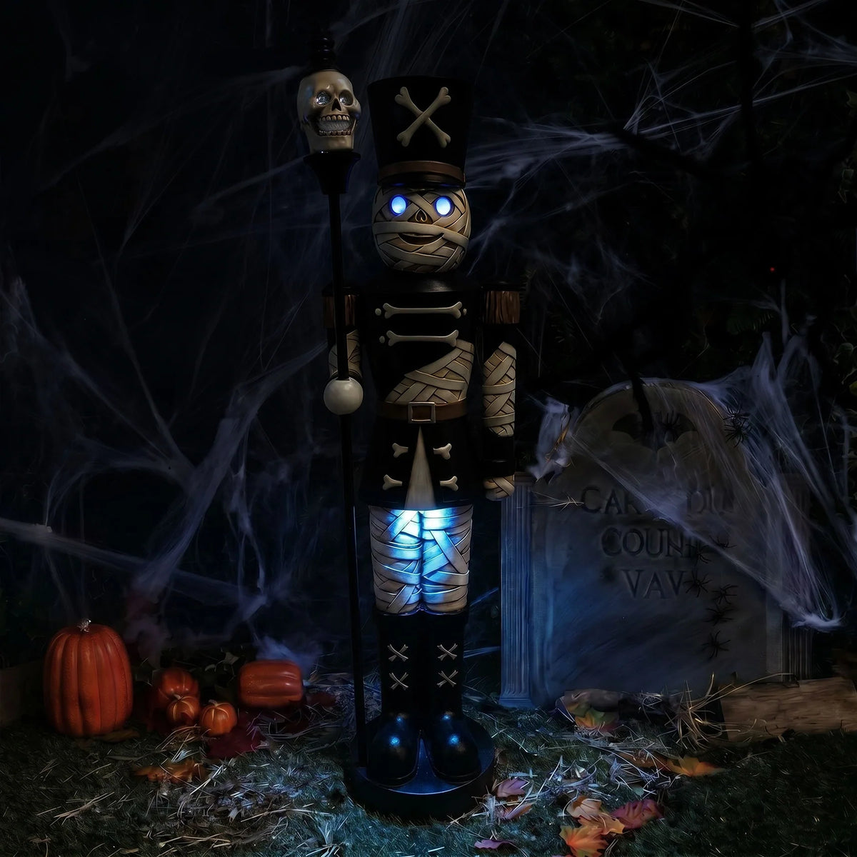 4ft Halloween Mummy Nutcracker with Skull Staff and Multicoloured LED Lights