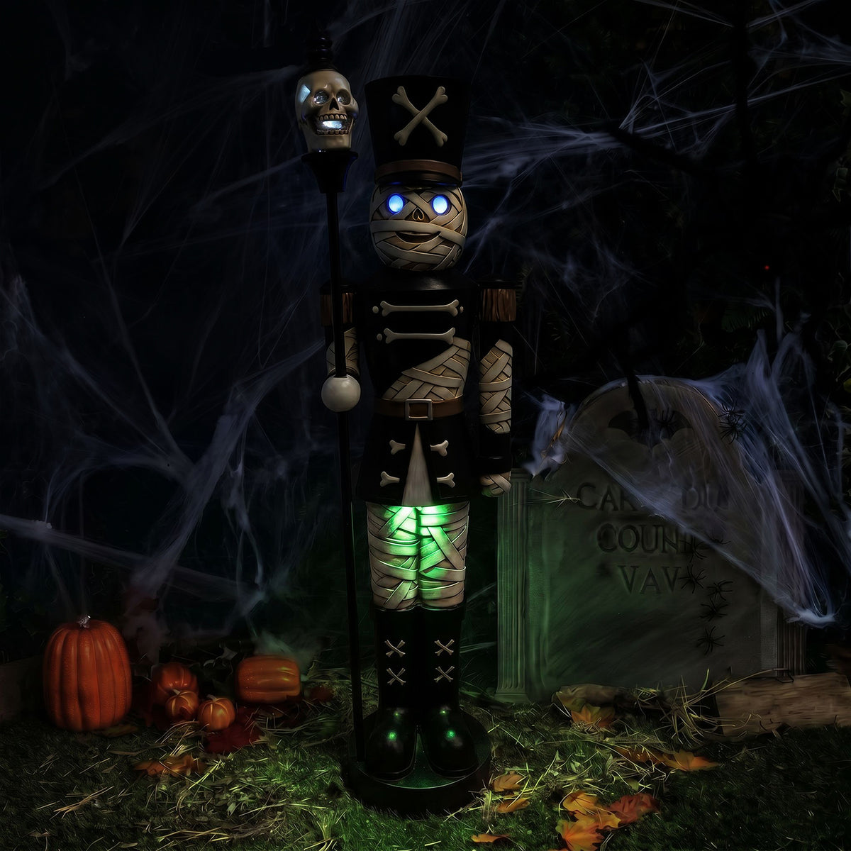 4ft Halloween Mummy Nutcracker with Skull Staff and Multicoloured LED Lights