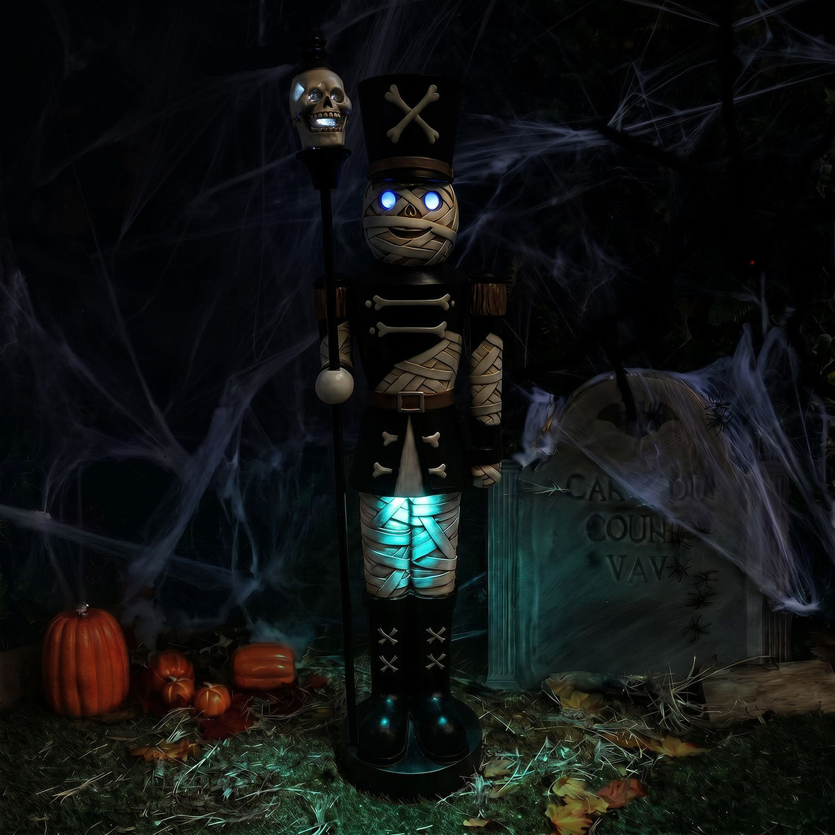 4ft Halloween Mummy Nutcracker with Skull Staff and Multicoloured LED Lights