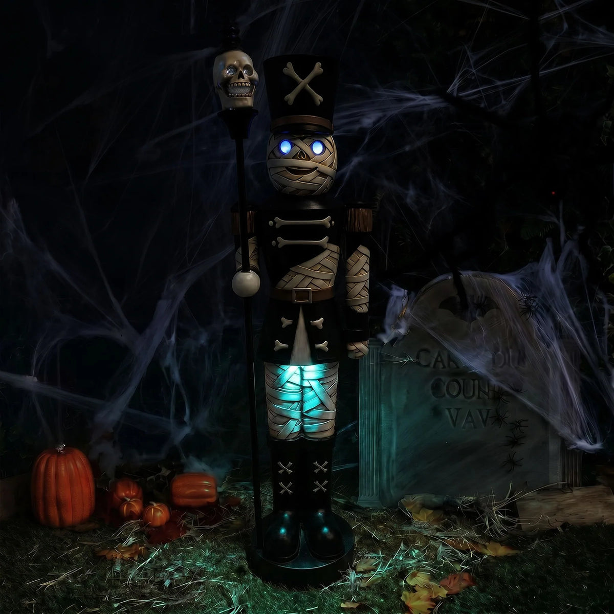 4ft Halloween Mummy Nutcracker with Skull Staff and Multicoloured LED Lights