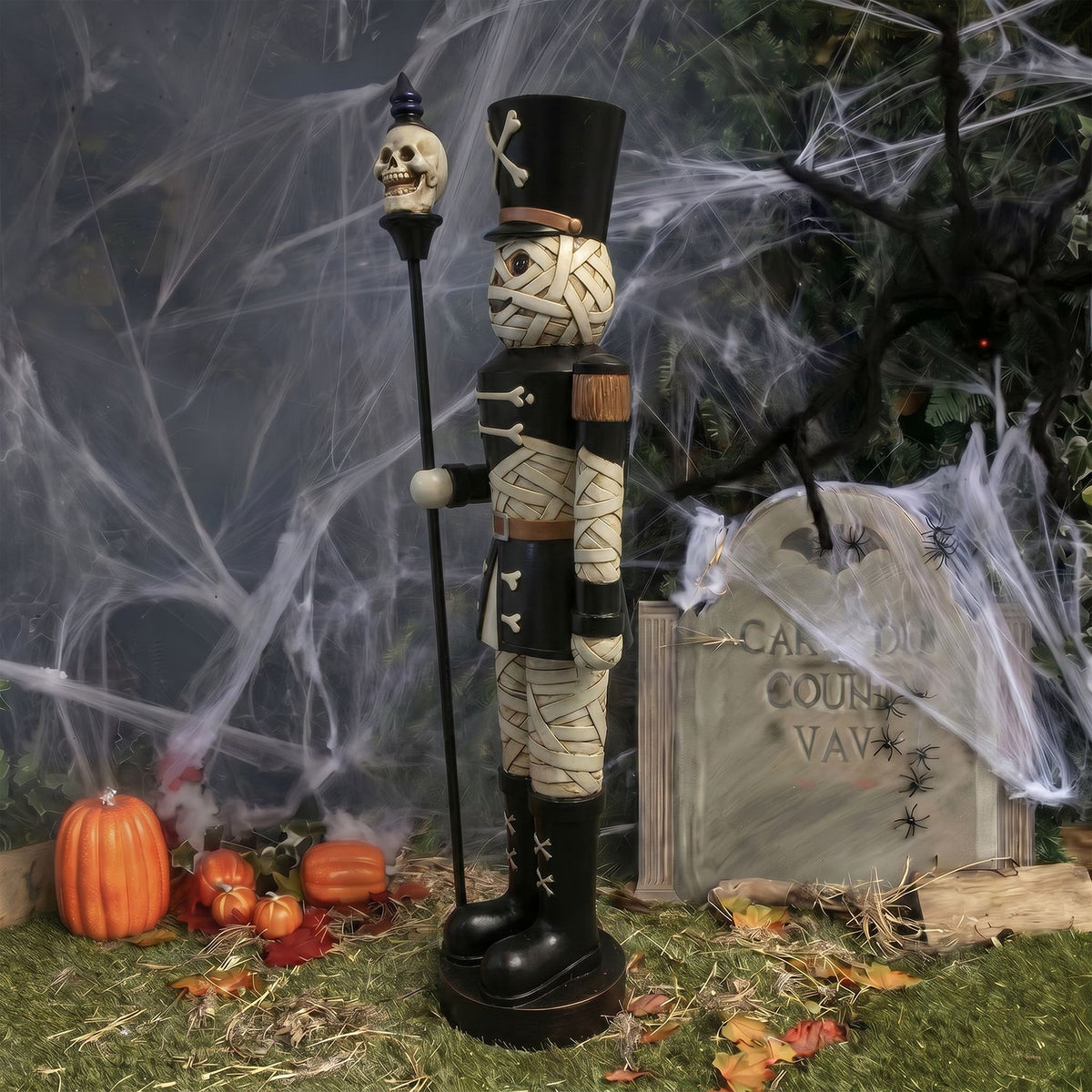4ft Halloween Mummy Nutcracker with Skull Staff and Multicoloured LED Lights