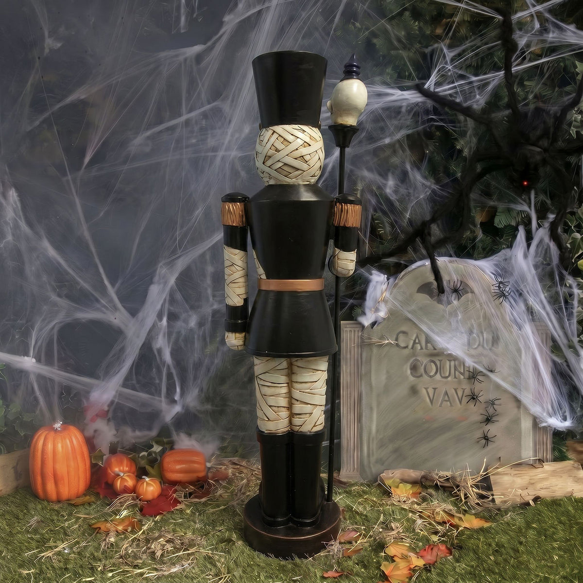 4ft Halloween Mummy Nutcracker with Skull Staff and Multicoloured LED Lights