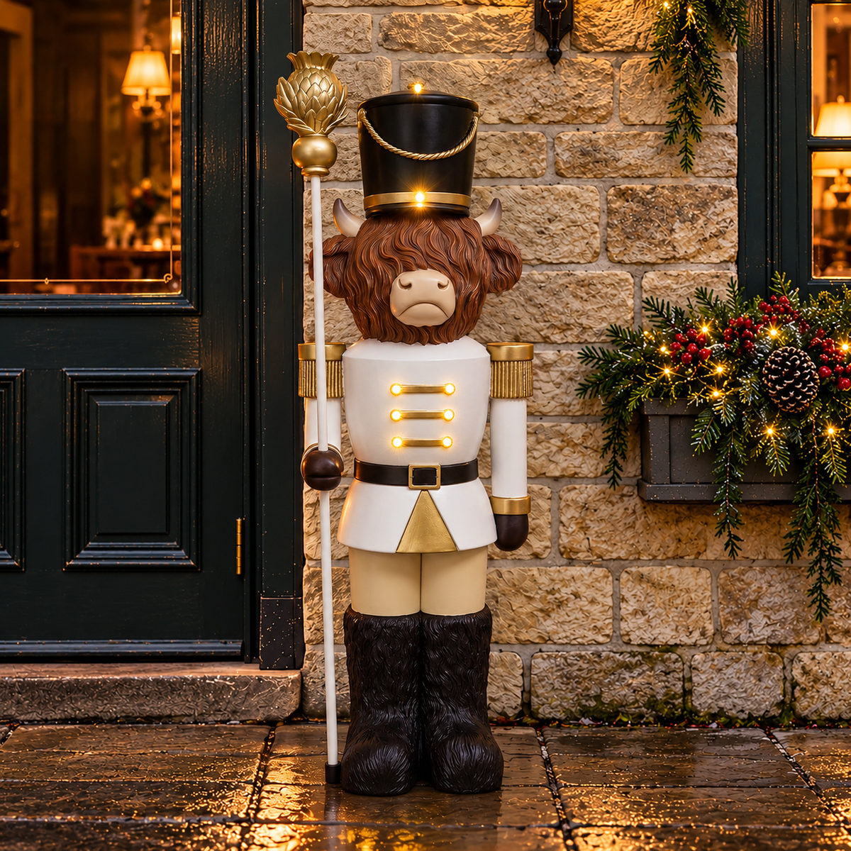 4ft Highland Cow Large Nutcracker with Staff and White LED Lights for Halloween or Christmas