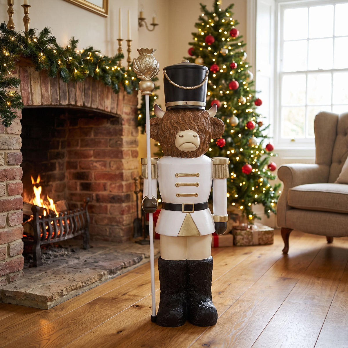 4ft Halloween Highland Cow Christmas Nutcracker with Staff and White LED Lights