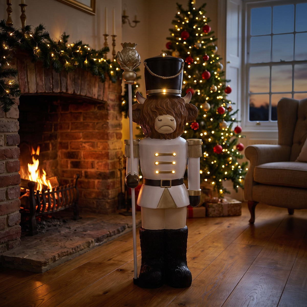 4ft Halloween Highland Cow Christmas Nutcracker with Staff and White LED Lights