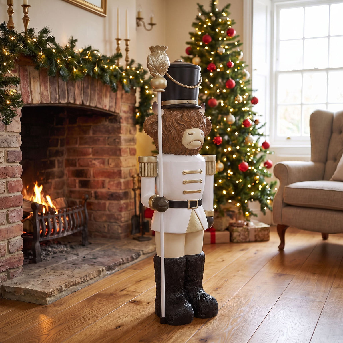 4ft Halloween Highland Cow Christmas Nutcracker with Staff and White LED Lights