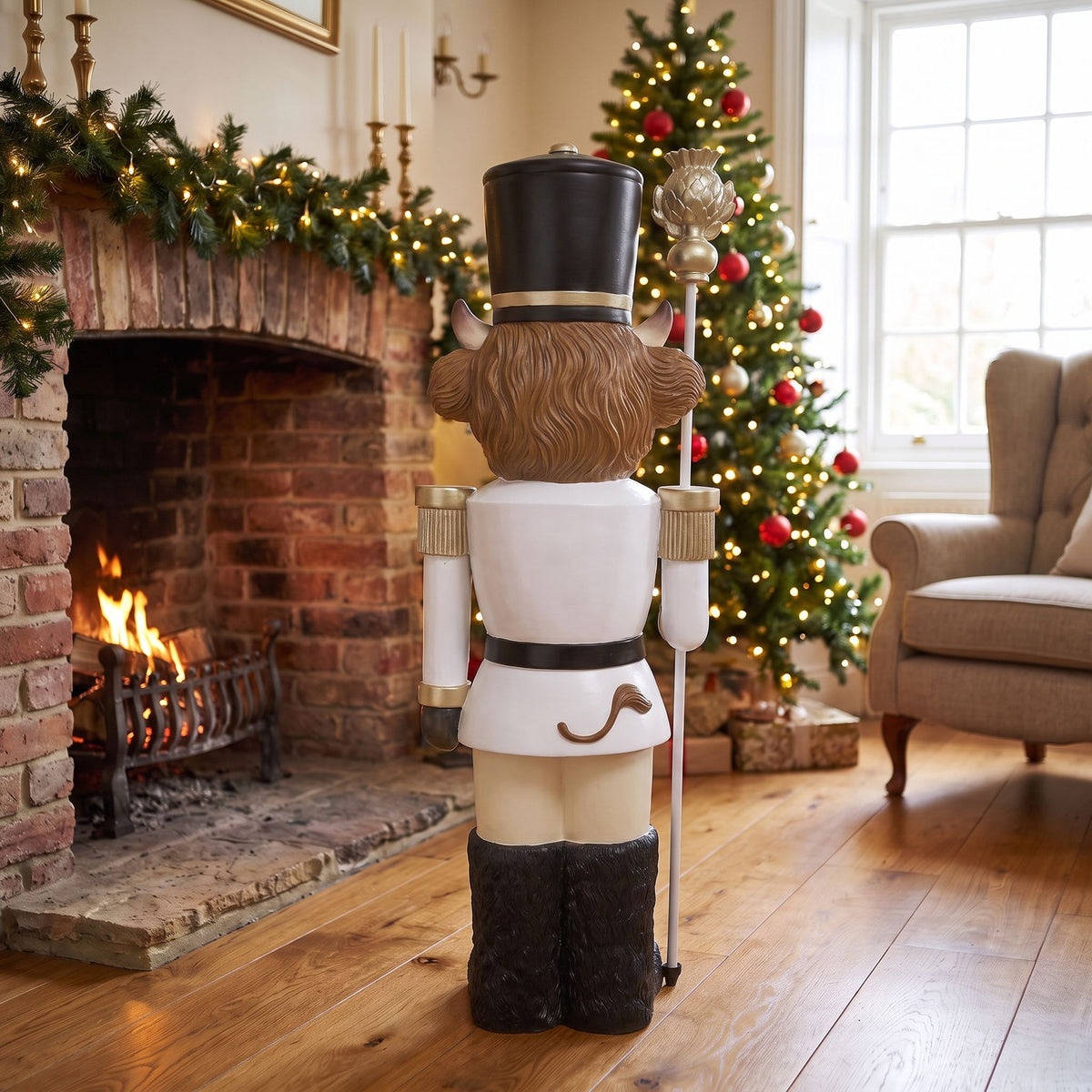 4ft Halloween Highland Cow Christmas Nutcracker with Staff and White LED Lights