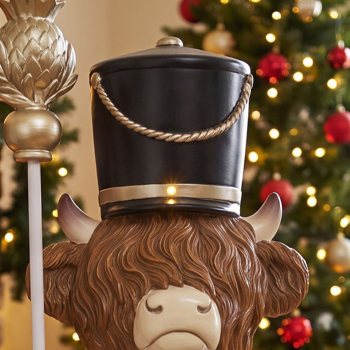 4ft Halloween Highland Cow Christmas Nutcracker with Staff and White LED Lights