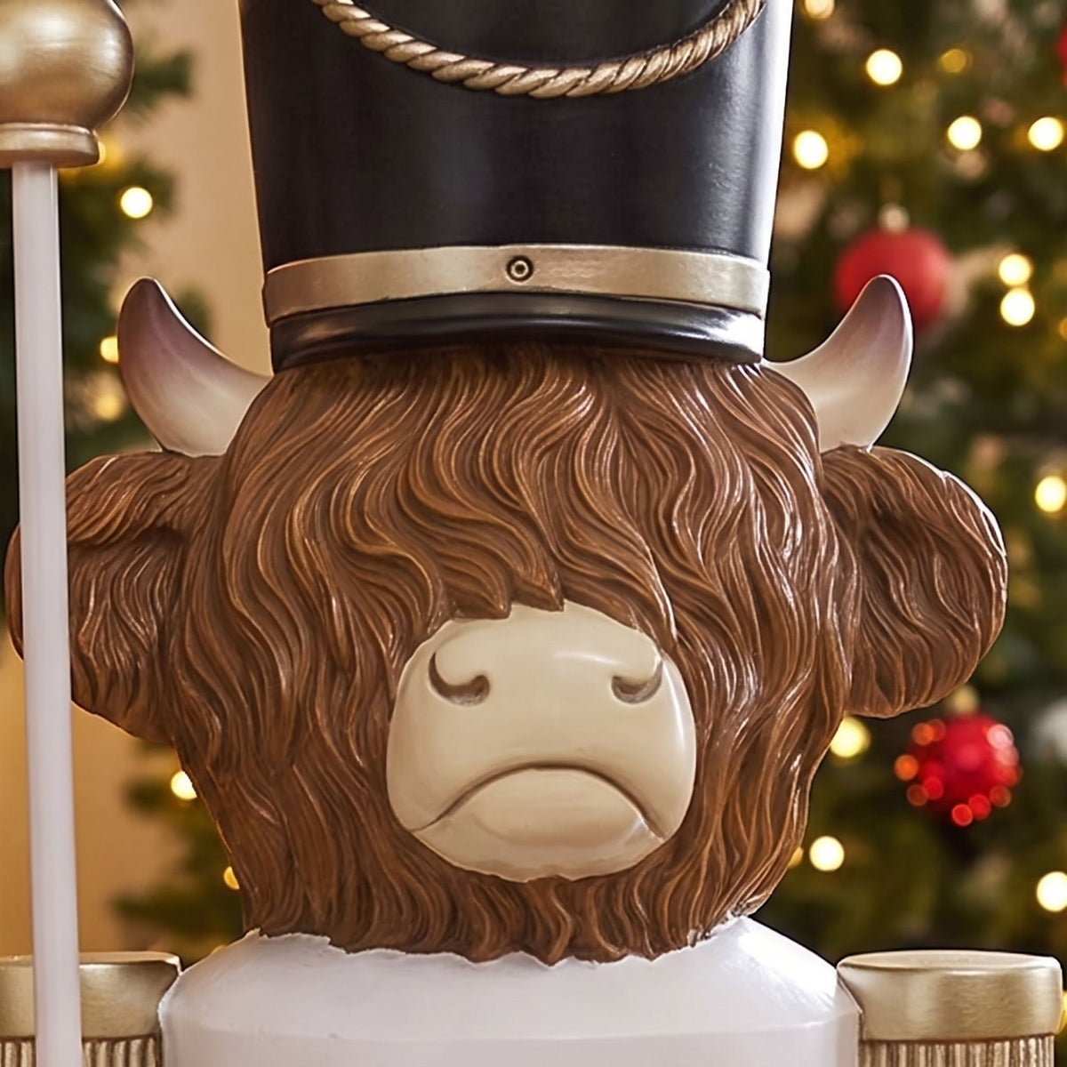 4ft Halloween Highland Cow Christmas Nutcracker with Staff and White LED Lights