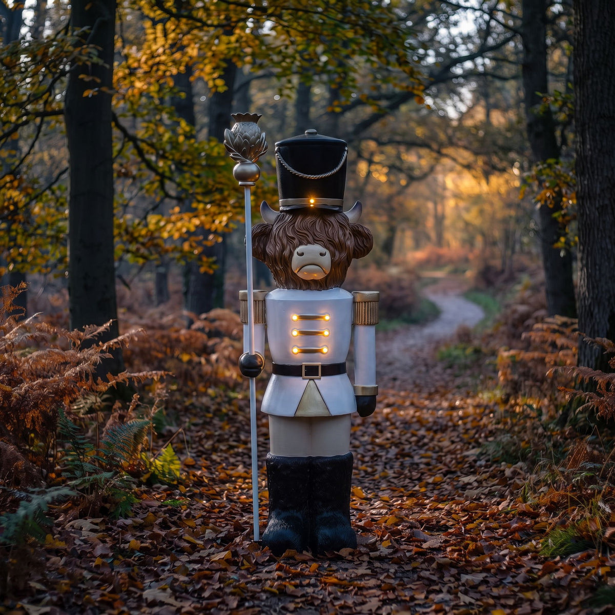 4ft Halloween Highland Cow Christmas Nutcracker with Staff and White LED Lights