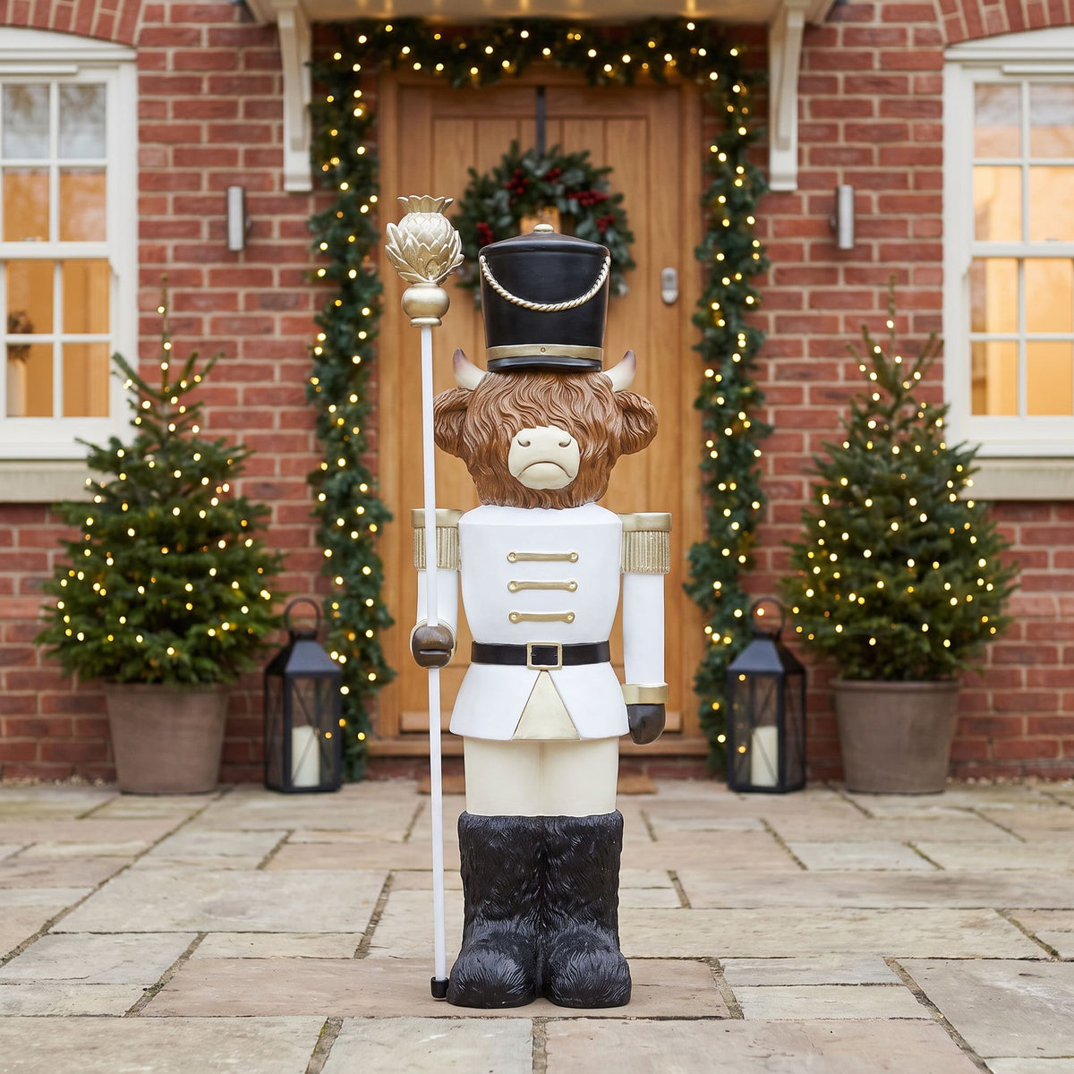 4ft Halloween Highland Cow Christmas Nutcracker with Staff and White LED Lights