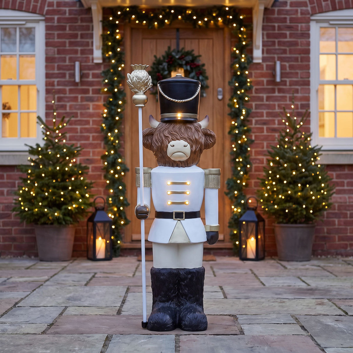 4ft Halloween Highland Cow Christmas Nutcracker with Staff and White LED Lights