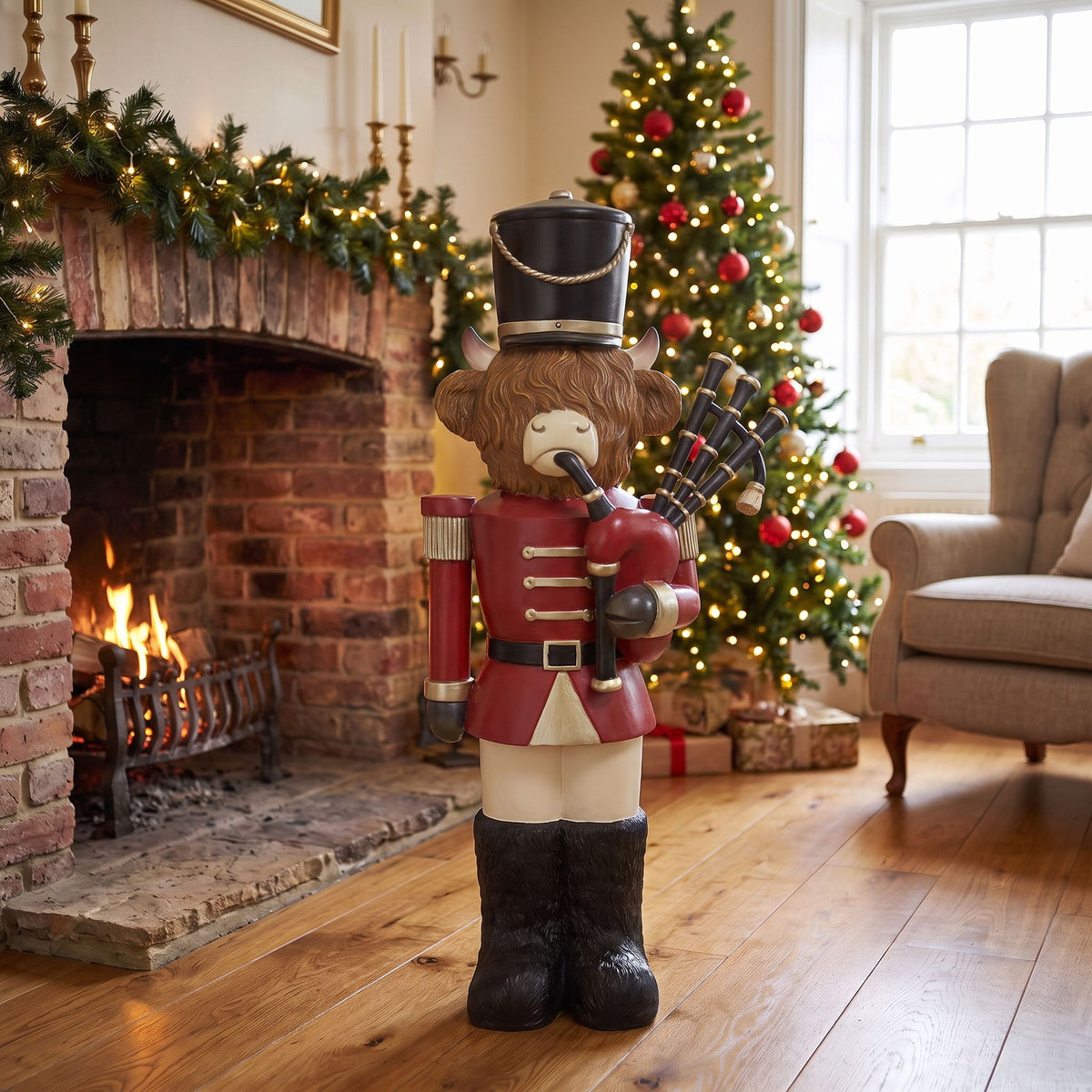 4ft Halloween Highland Cow Christmas Nutcracker with Bagpipes and LED Lights