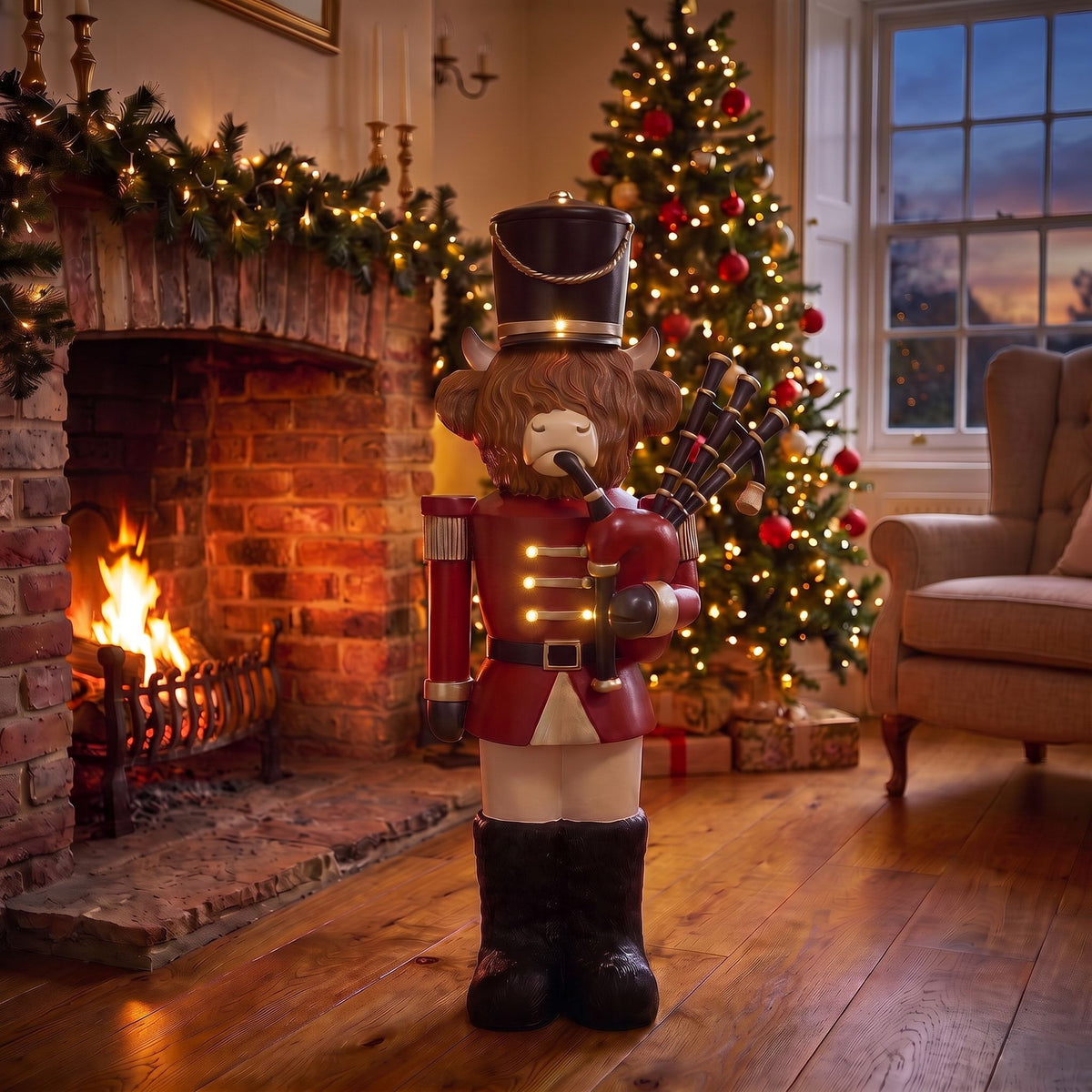 4ft Halloween Highland Cow Christmas Nutcracker with Bagpipes and LED Lights