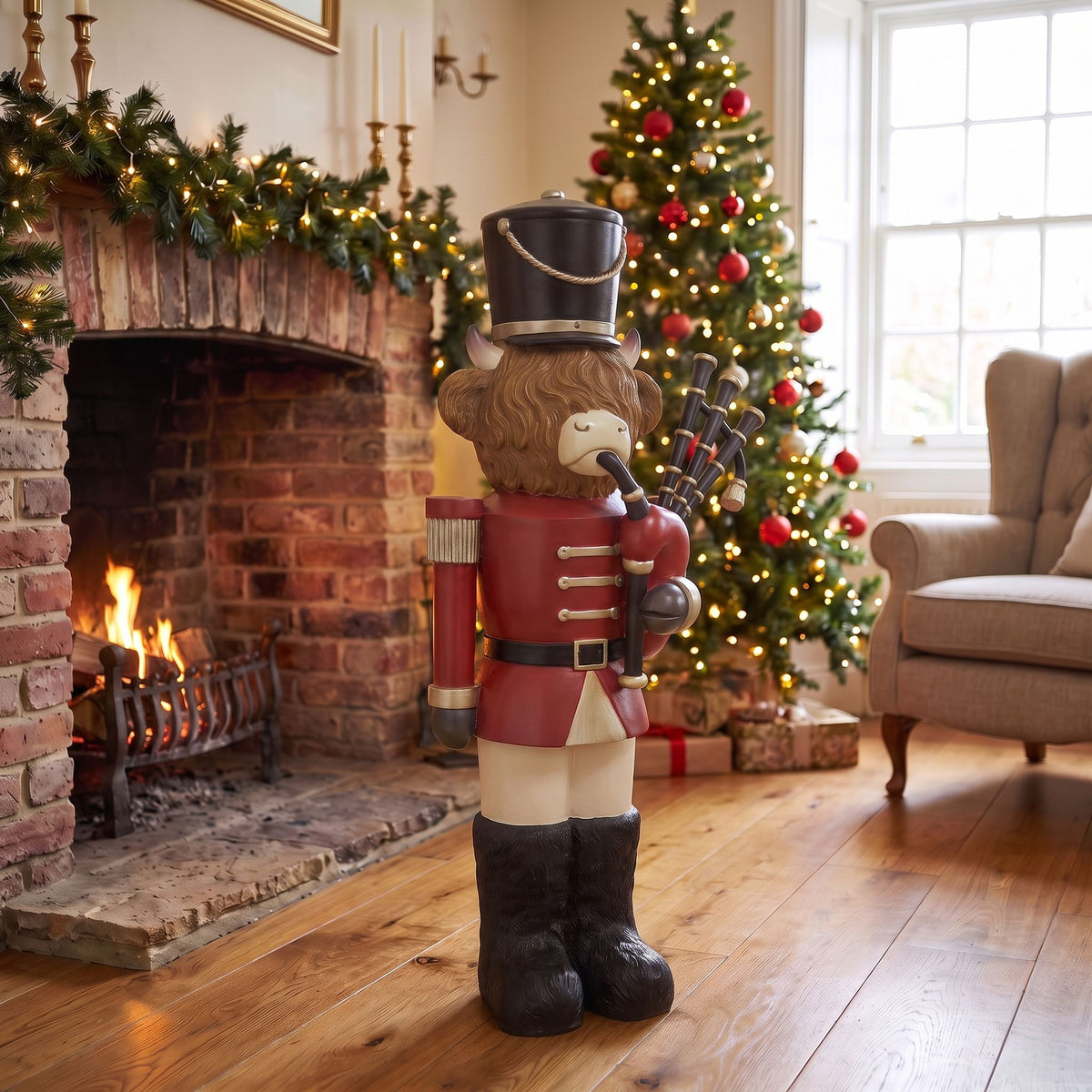 4ft Halloween Highland Cow Christmas Nutcracker with Bagpipes and LED Lights