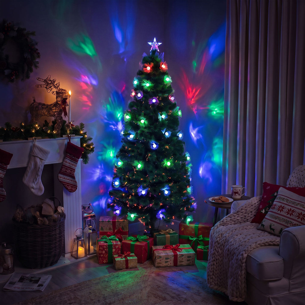 Green Fibre Optic Christmas Tree 2ft - 7ft Sparkle Bauble with Multi Coloured LED Lights