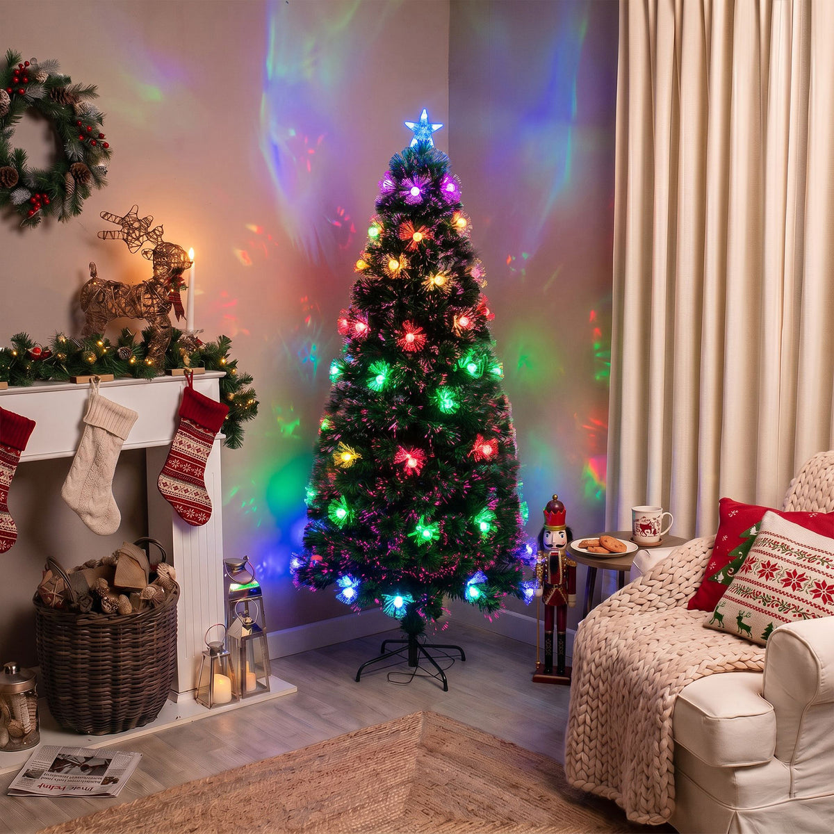 Green Fibre Optic Christmas Tree 2ft - 7ft Sparkle Bauble with Multi Coloured LED Lights