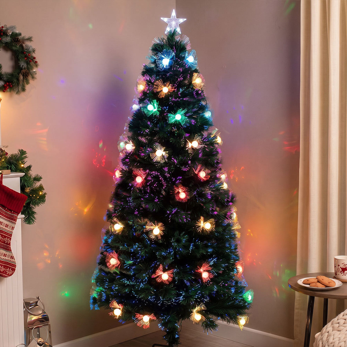 Green Fibre Optic Christmas Tree 2ft - 7ft Sparkle Bauble with Multi Coloured LED Lights