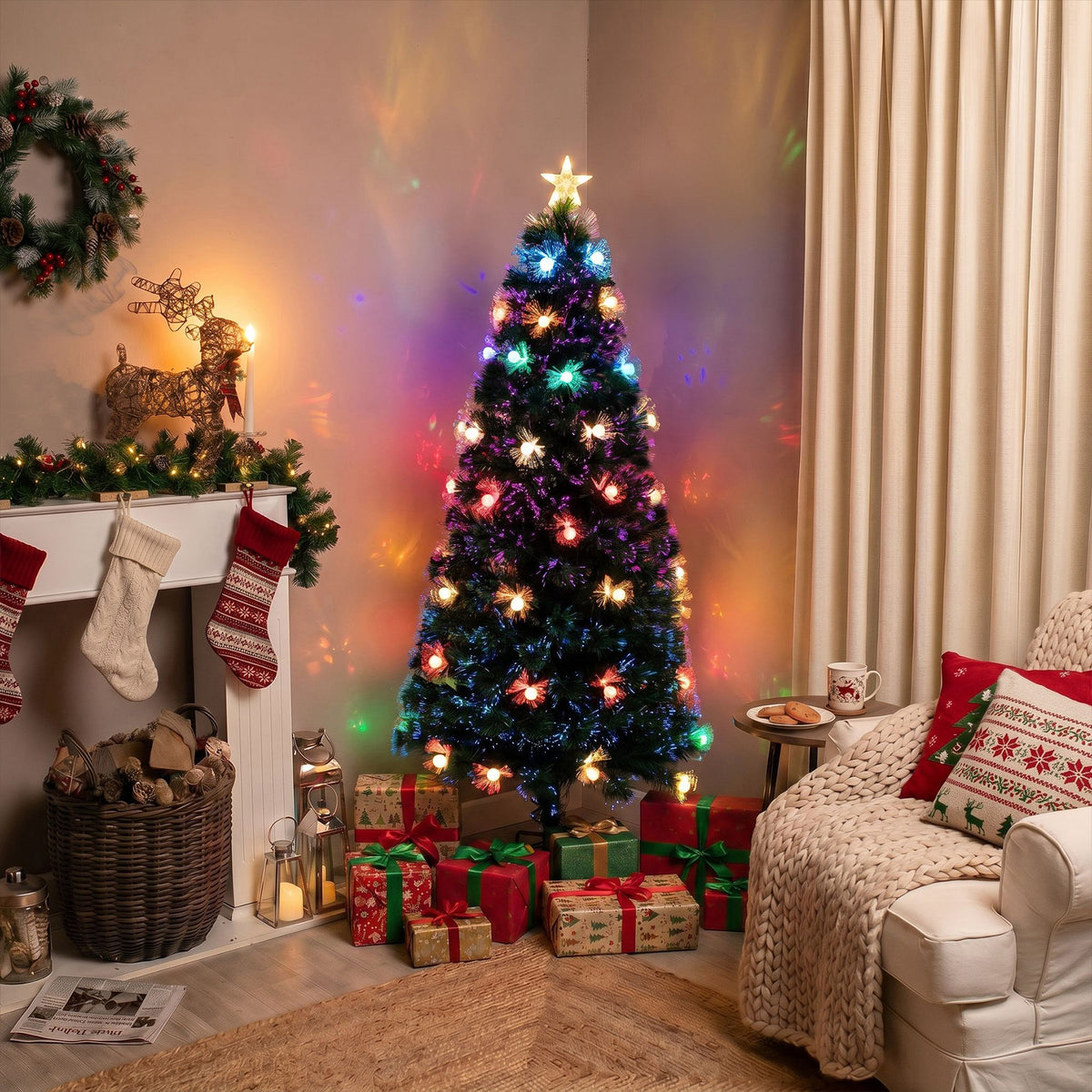 Green Fibre Optic Christmas Tree 2ft - 7ft Sparkle Bauble with Multi Coloured LED Lights