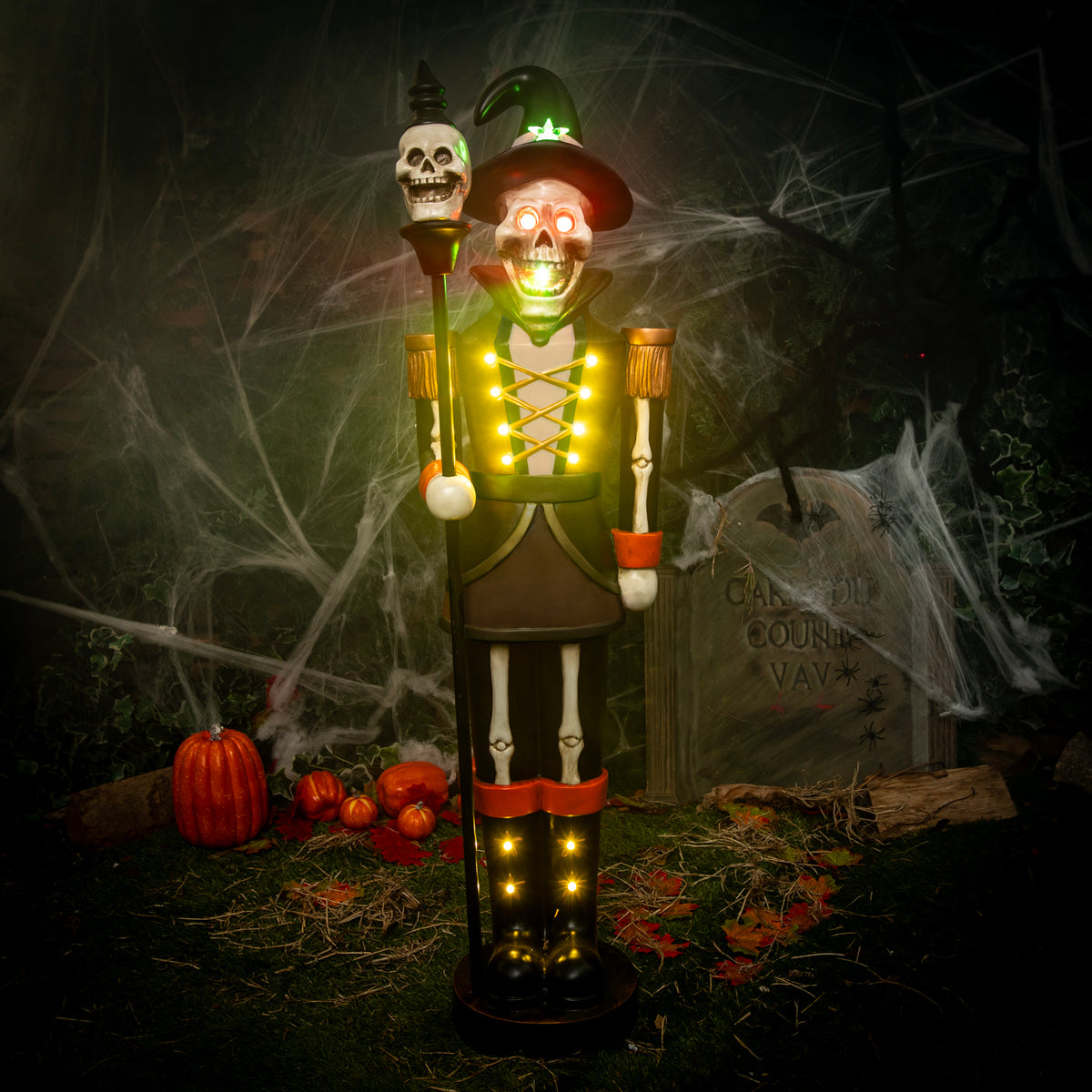 4ft Black and Orange Halloween Nutcracker Skeleton with Skull Staff and LED Lights