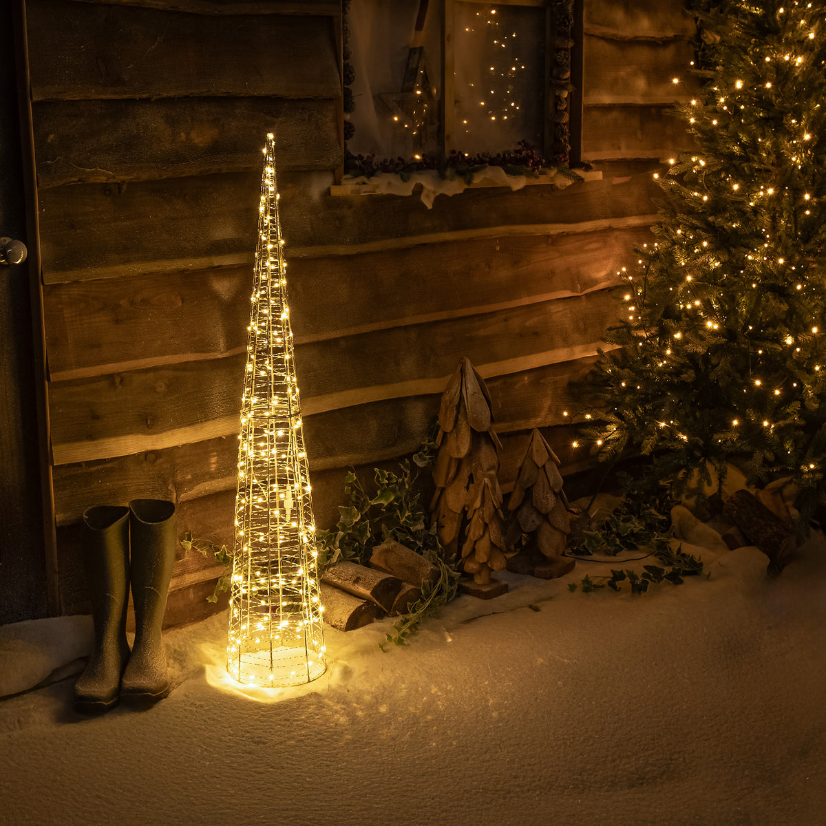 Pre-Lit Christmas Silver Light-Up Cone 120cm with 200 Warm White LEDs