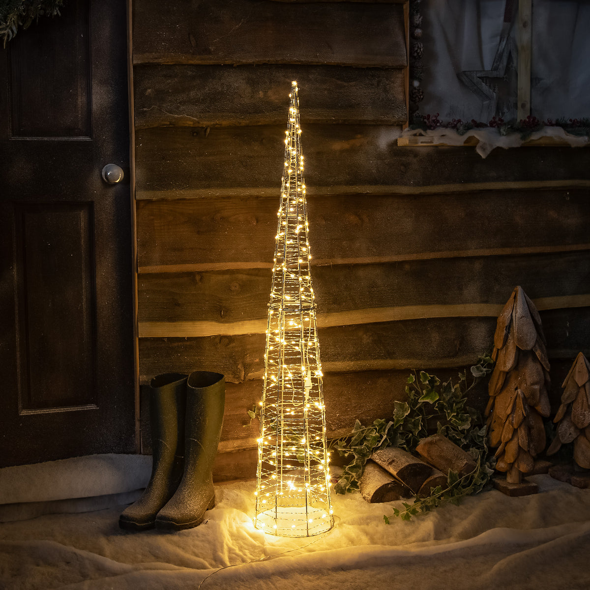 Pre-Lit Christmas Silver Light-Up Cone 120cm with 200 Warm White LEDs