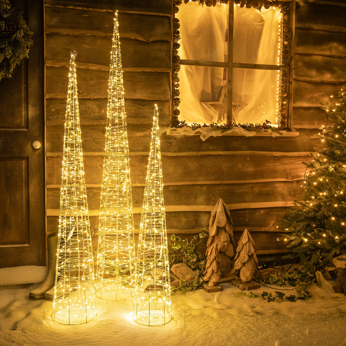 Set of 3 Pre-Lit Christmas Silver Light-Up Cones with Warm White LEDs