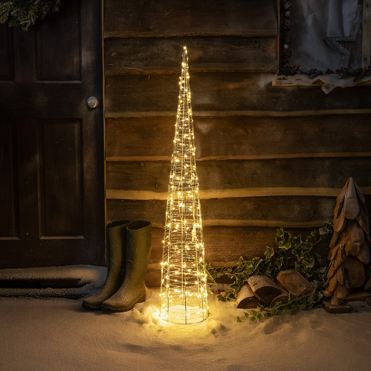 Pre-Lit Christmas Silver Light-Up Cone 120cm with 200 Warm White LEDs
