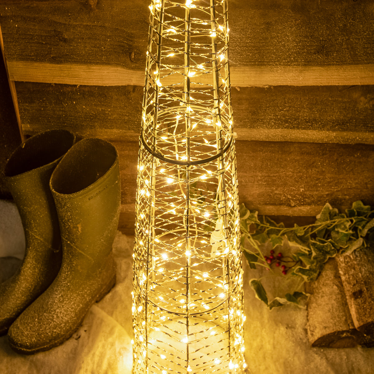 Pre-Lit Christmas Silver Light-Up Cone 120cm with 200 Warm White LEDs