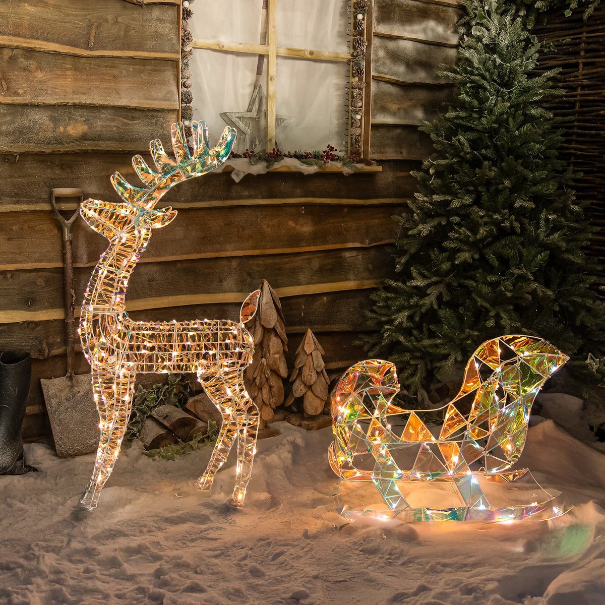Pre-Lit Christmas Light-Up Laser Reindeer &amp; Sleigh 120cm with 120 White/Warm White LEDs