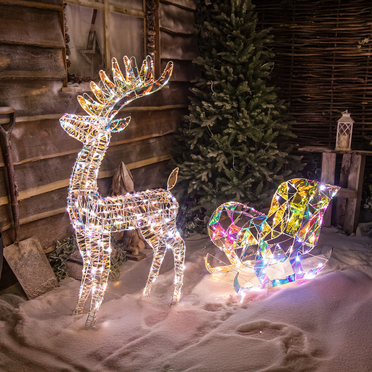 Pre-Lit Christmas Light-Up Laser Reindeer &amp; Sleigh 120cm with 120 White/Warm White LEDs