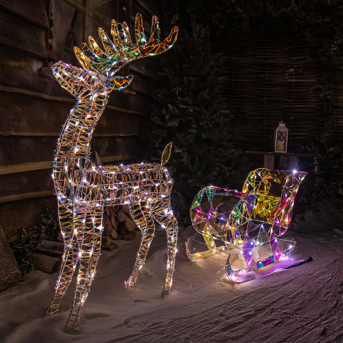 Pre-Lit Christmas Light-Up Laser Reindeer &amp; Sleigh 120cm with 120 White/Warm White LEDs